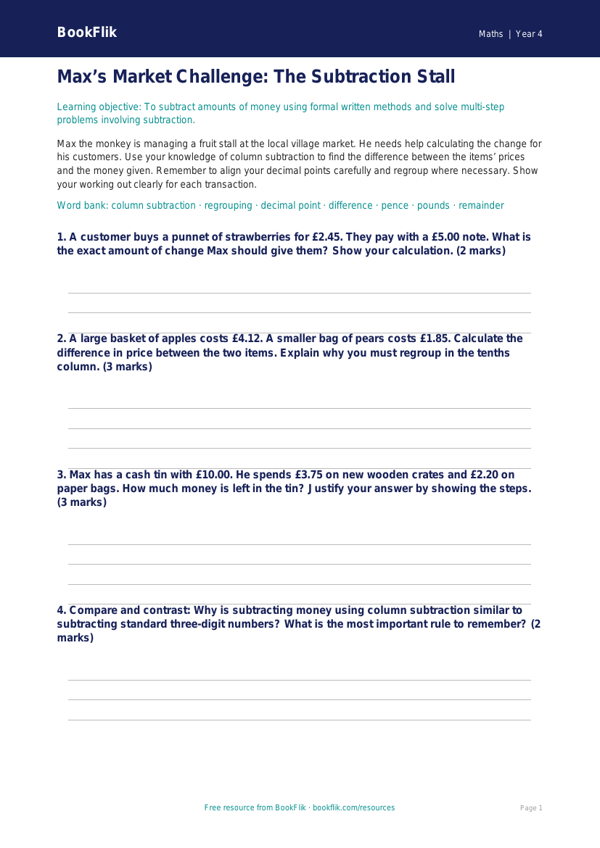 Free Subtraction Activity Sheet | Grade 3 | Math | BookFlik worksheet preview — Maths Subtraction