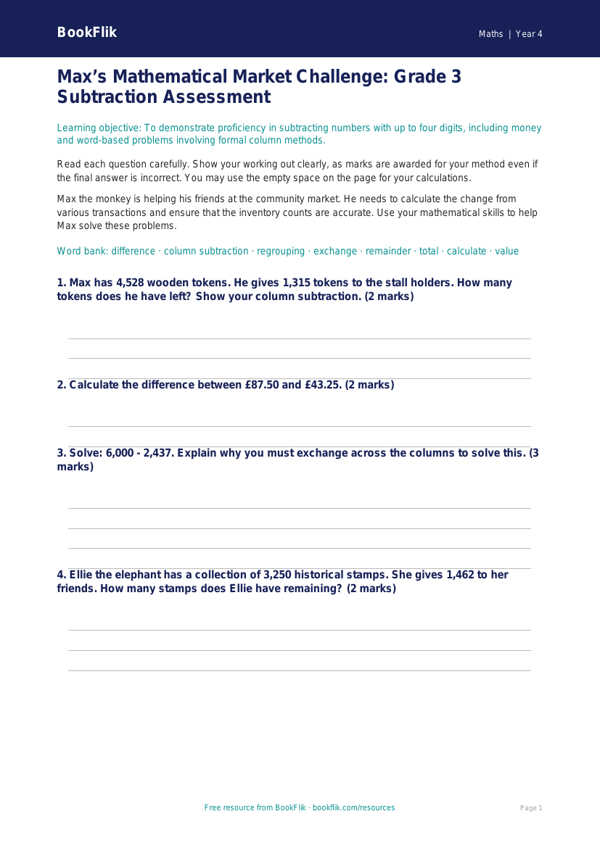 Free Subtraction Assessment | Grade 3 | Math | BookFlik worksheet preview — Maths Subtraction