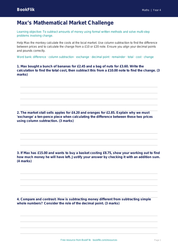 Free Subtraction Template | Grade 3 | Math | BookFlik worksheet preview — Maths Subtraction