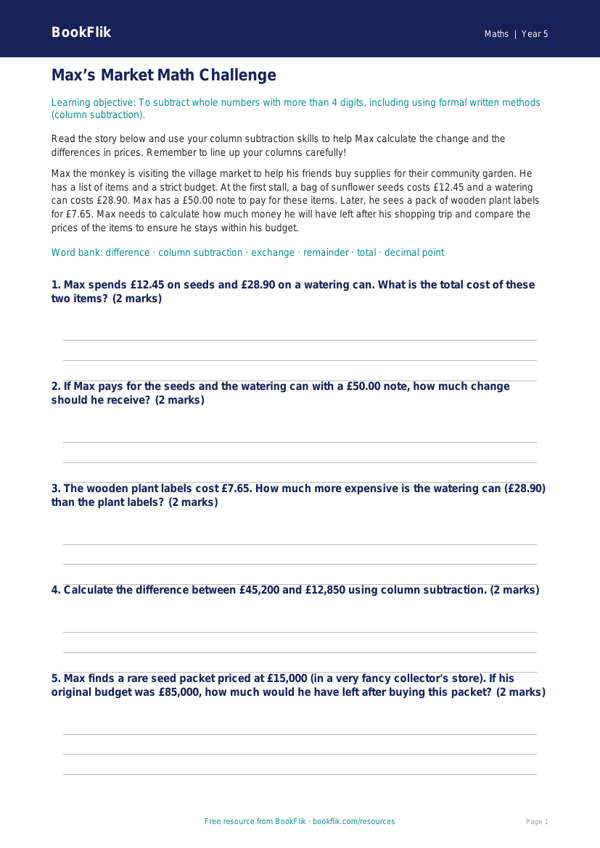 Free Subtraction Track Sheet | Grade 4 | Math | BookFlik worksheet preview — Maths Subtraction