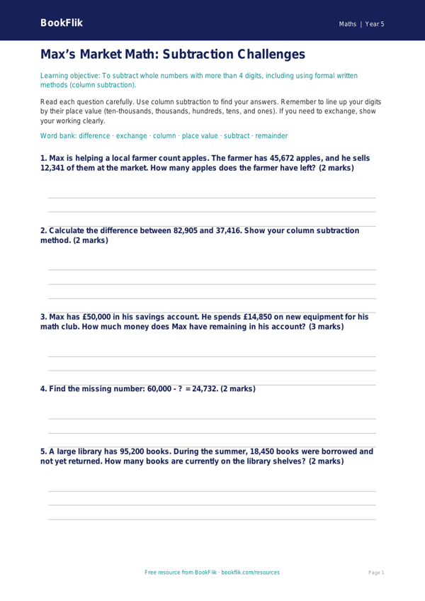 Free Subtraction Worksheet | Grade 4 | Math | BookFlik worksheet preview — Maths Subtraction