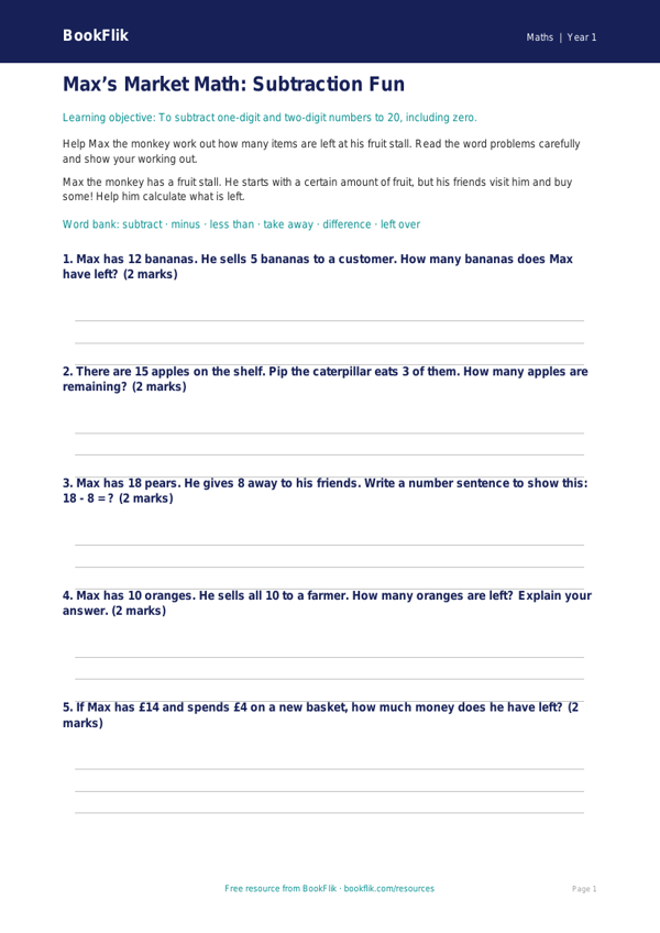 Free Subtraction Worksheet | Kindergarten | Math | BookFlik worksheet preview — Maths Subtraction