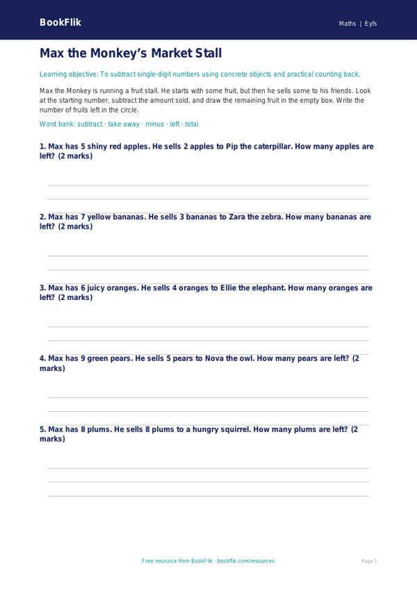 Free Subtraction Activity Sheet | Pre-K | Math | BookFlik worksheet preview — Maths Subtraction