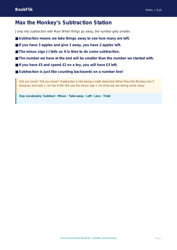 Free Subtraction Poster | Pre-K Math | BookFlik worksheet preview — Maths Subtraction