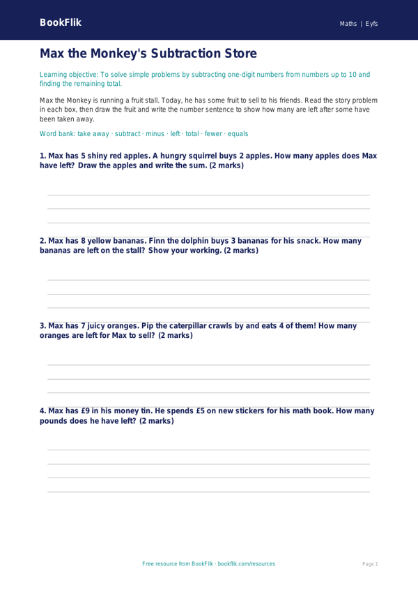 Free Subtraction Template | Pre-K | Math | BookFlik worksheet preview — Maths Subtraction