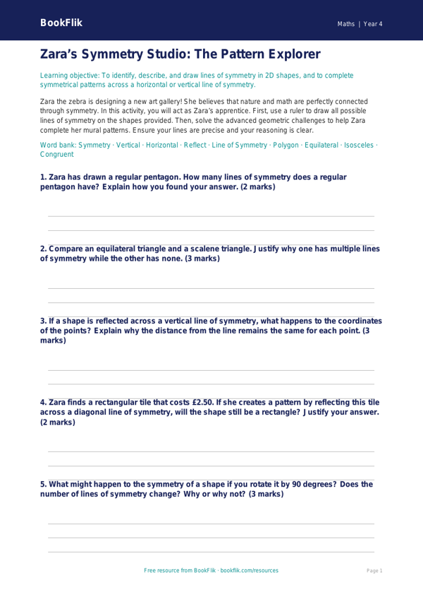 Free Symmetry Activity Sheet | Grade 3 | Math | BookFlik worksheet preview — Maths Symmetry
