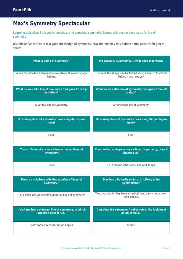 Free Symmetry Flashcards | Grade 3 | Math | BookFlik worksheet preview — Maths Symmetry
