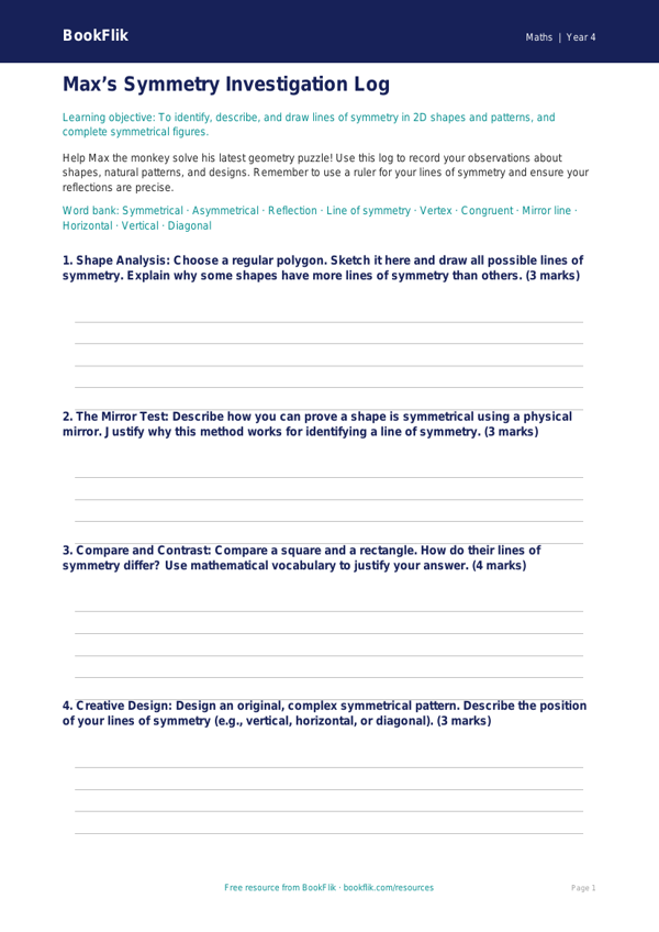 Free Symmetry Template | Grade 3 | Math | BookFlik worksheet preview — Maths Symmetry