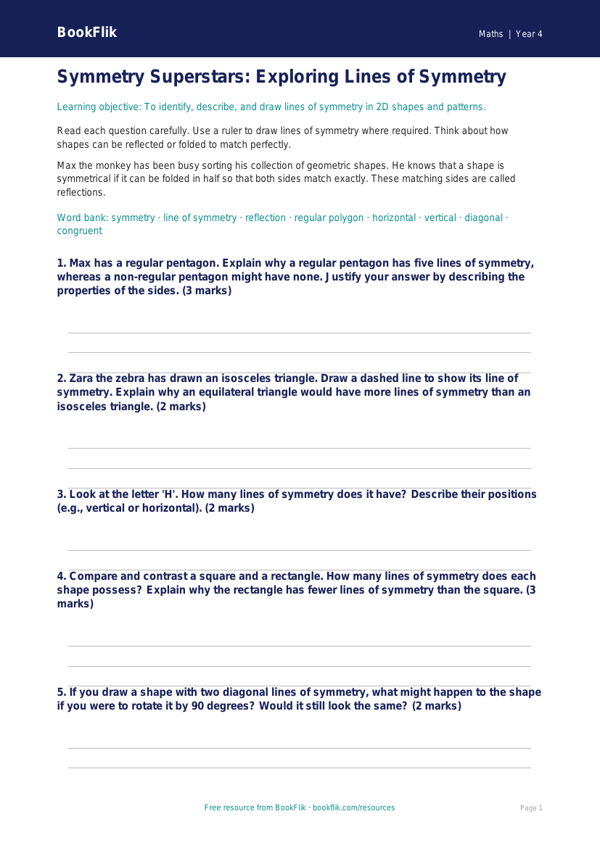 Free Symmetry Worksheet | Grade 3 | Math | BookFlik worksheet preview — Maths Symmetry