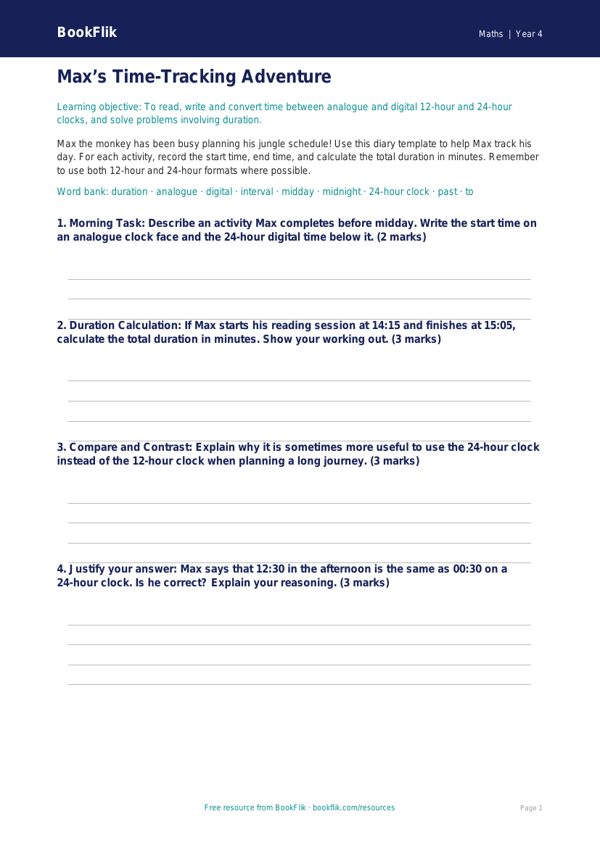 Free Time Template | Grade 3 | Math | BookFlik worksheet preview — Maths Time