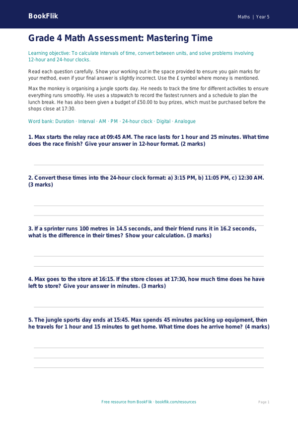 Time Assessment Grade 4 Free | Math Practice | BookFlik worksheet preview — Maths Time