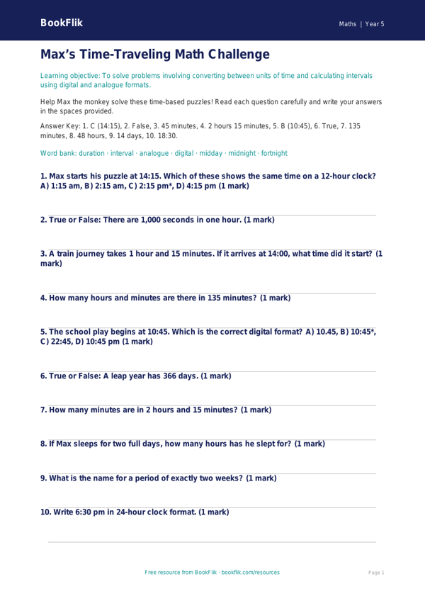 Time Quiz Grade 4 Free | Math Practice | BookFlik worksheet preview — Maths Time