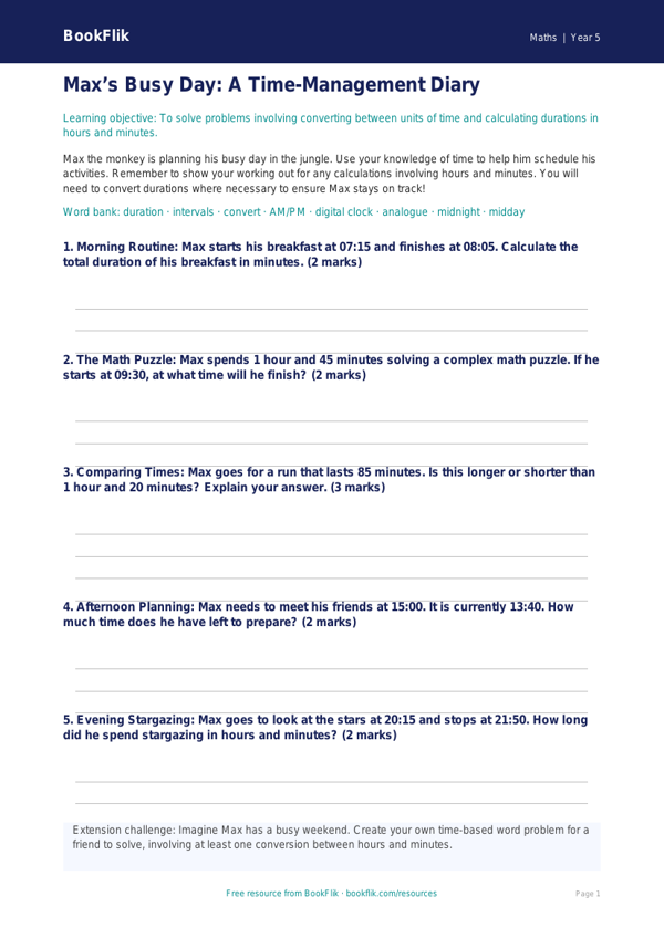 Time Template | Grade 4 Math Practice | BookFlik worksheet preview — Maths Time