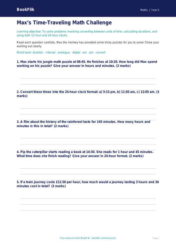 Time Worksheet | Grade 4 Math | Free Printable | BookFlik worksheet preview — Maths Time