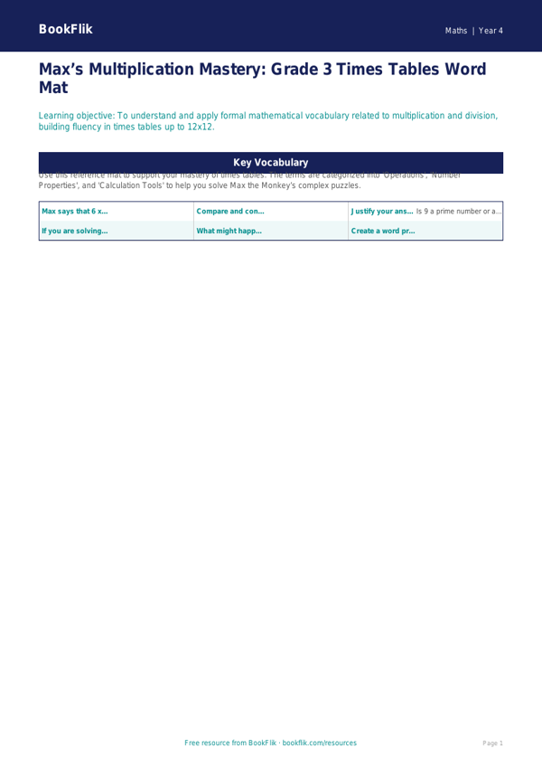 Free Times Tables Word Mat | Grade 3 | Math | BookFlik worksheet preview — Maths Times Tables