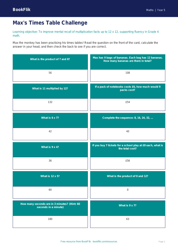 Free Times Tables Flashcards | Grade 4 | Math | BookFlik worksheet preview — Maths Times Tables