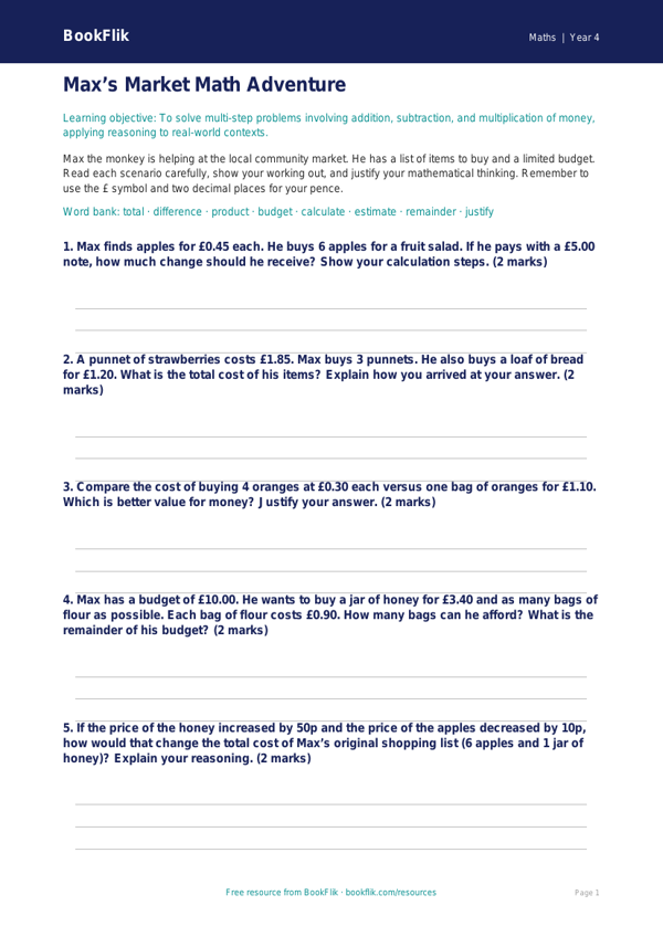 Free Word Problems Activity Sheet | Grade 3 | Math | BookFlik worksheet preview — Maths Word Problems