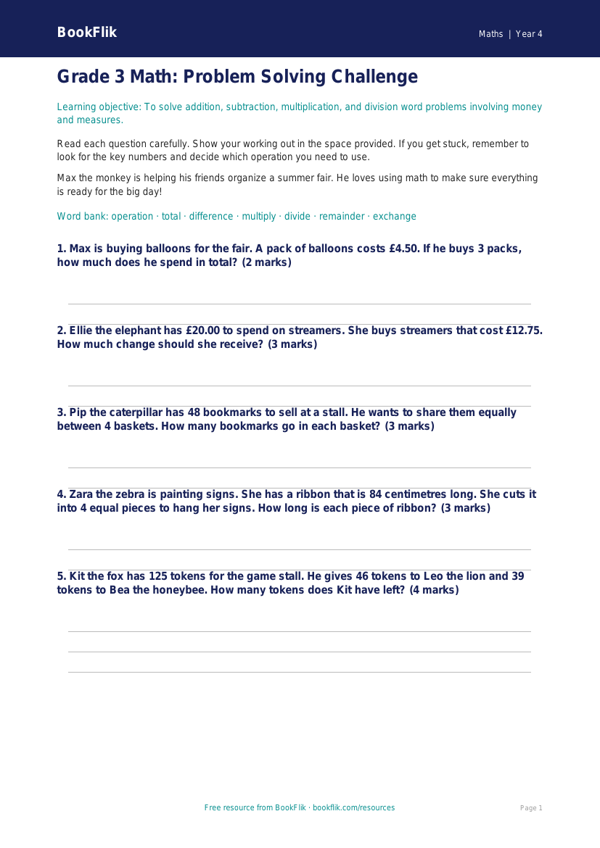 Free Word Problems Assessment | Grade 3 | Math | BookFlik worksheet preview — Maths Word Problems