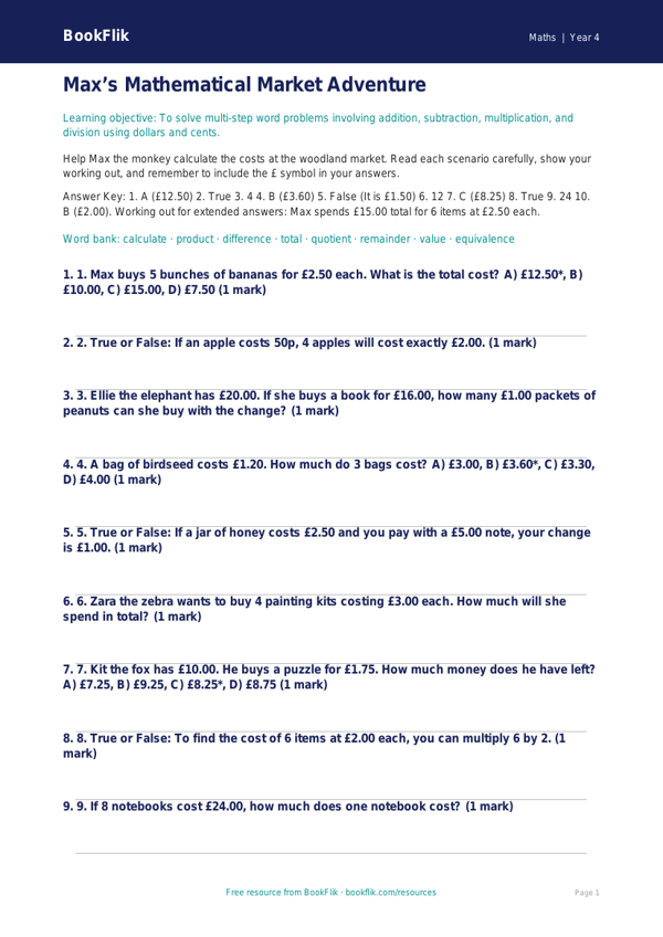 Free Word Problems Quiz | Grade 3 | Math | BookFlik worksheet preview — Maths Word Problems