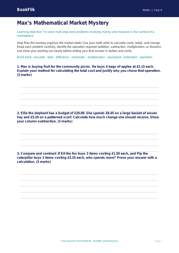 Free Word Problems Template | Grade 3 | Math | BookFlik worksheet preview — Maths Word Problems