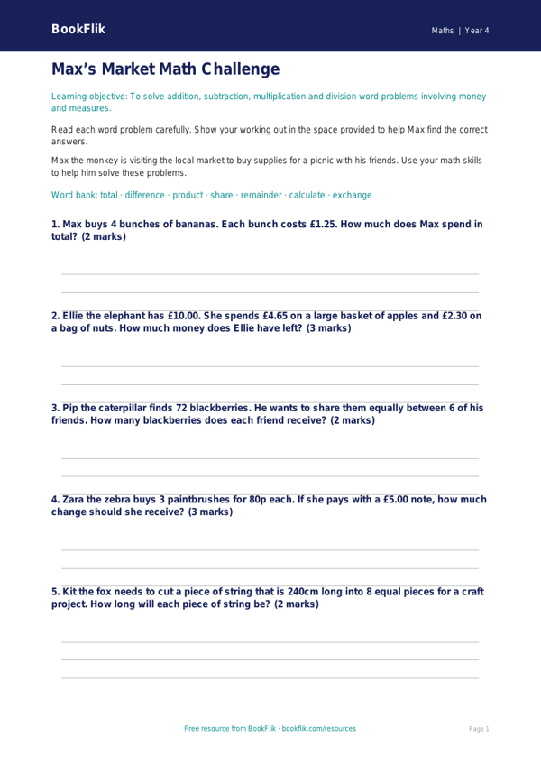 Free Word Problems Worksheet | Grade 3 | Math | BookFlik worksheet preview — Maths Word Problems