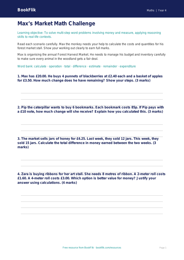 Free Word Problems Worksheet | Grade 3 | Math | BookFlik worksheet preview — Maths Word Problems