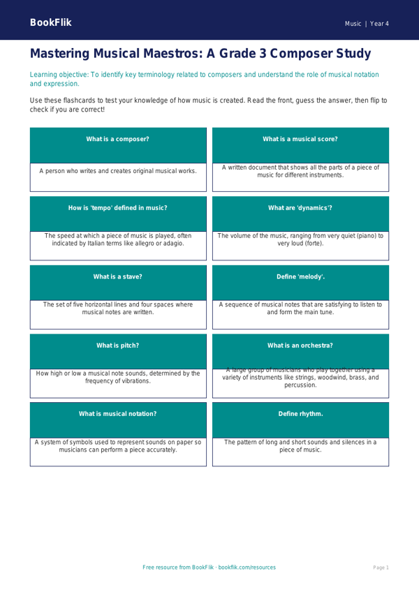 Free Composers Flashcards | Grade 3 | Music | BookFlik worksheet preview โ Music Composers