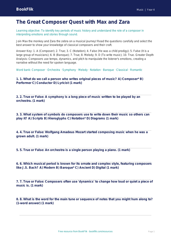 Free Composers Quiz | Grade 3 | Music | BookFlik worksheet preview — Music Composers