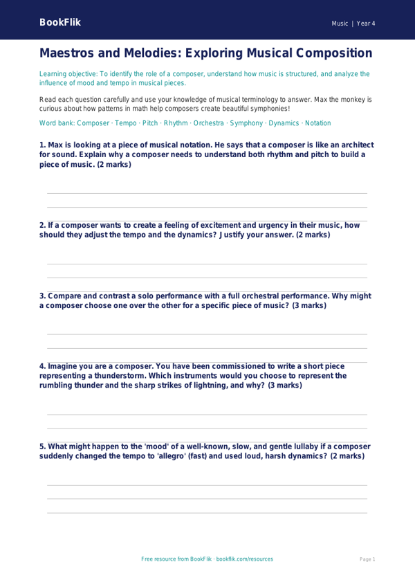 Free Composers Worksheet | Grade 3 | Music | BookFlik worksheet preview — Music Composers