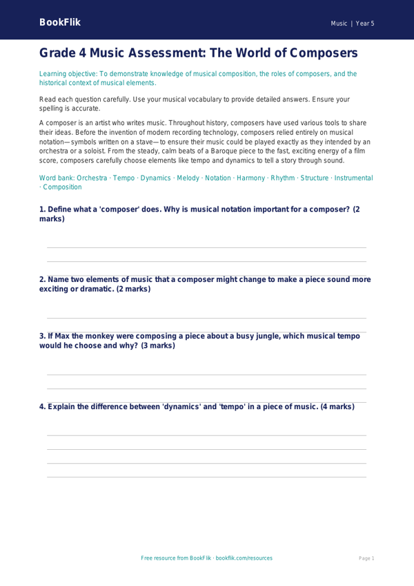 Free Composers Assessment | Grade 4 | Music | BookFlik worksheet preview — Music Composers
