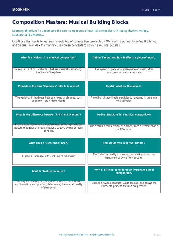 Composition Flashcards Grade 3 Free | Music Theory | BookFlik worksheet preview โ Music Composition