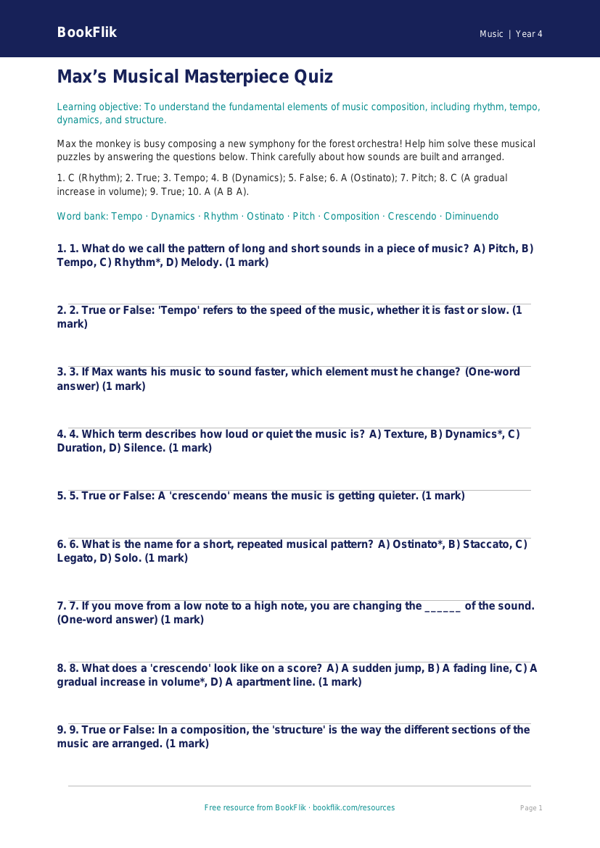 Free Composition Quiz | Grade 3 | Music | BookFlik worksheet preview — Music Composition