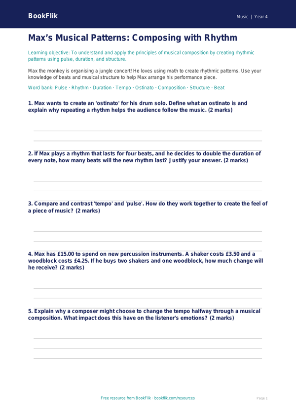 Free Composition Worksheet | Grade 3 | Music | BookFlik worksheet preview — Music Composition