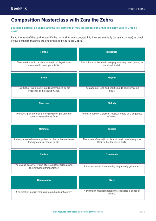 Free Composition Flashcards | Grade 4 | Music | BookFlik worksheet preview — Music Composition