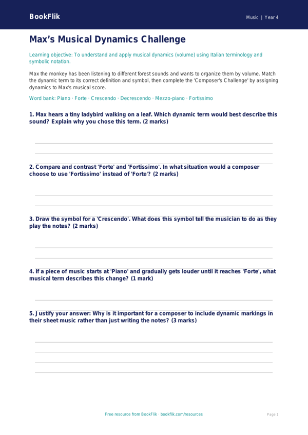 Free Dynamics Activity Sheet | Grade 3 | Music | BookFlik worksheet preview — Music Dynamics