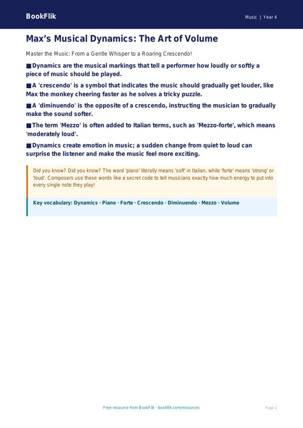 Dynamics in Music Poster | Grade 3 Music Lesson | BookFlik worksheet preview — Music Dynamics