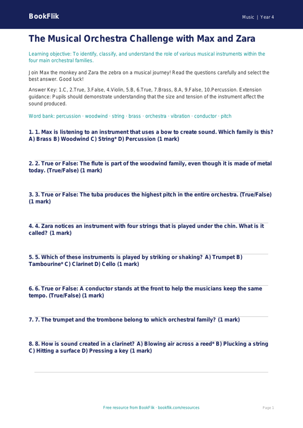 Free Instruments Quiz | Grade 3 | Music | BookFlik worksheet preview โ Music Instruments