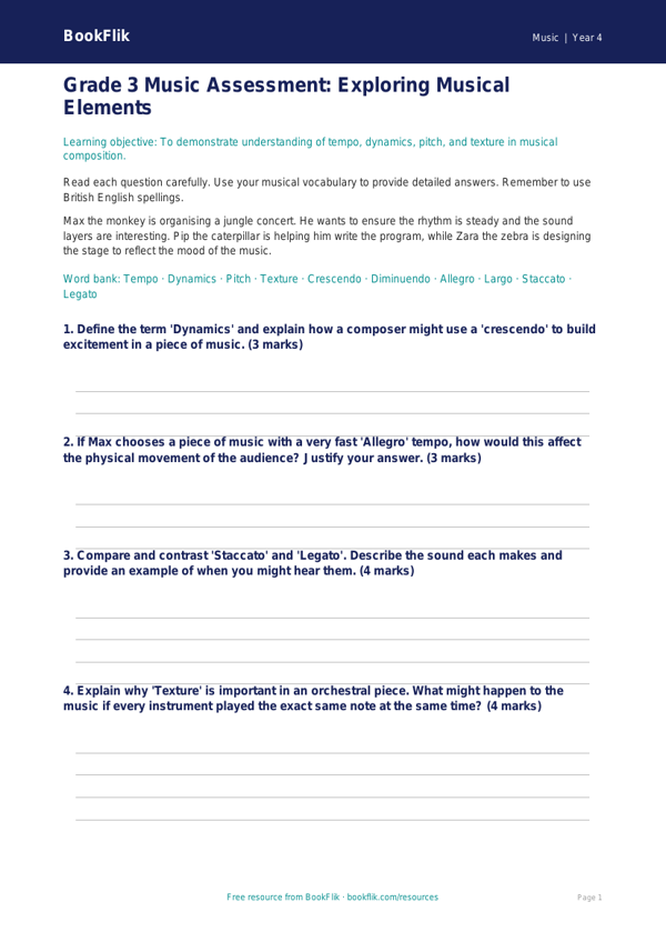 Free Musical Elements Assessment | Grade 3 | Music | BookFlik worksheet preview — Music Musical Elements