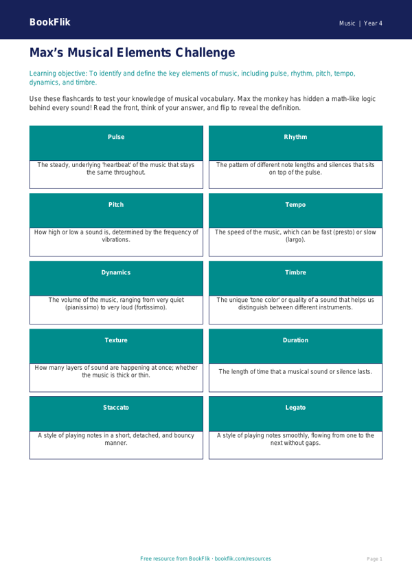 Free Musical Elements Flashcards | Grade 3 | Music | BookFlik worksheet preview — Music Musical Elements