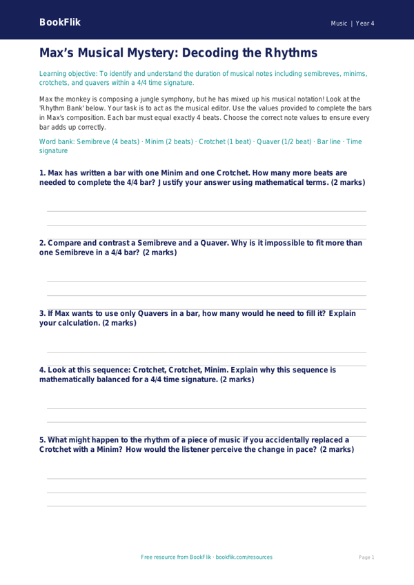 Free Notation Activity Sheet | Grade 3 | Music | BookFlik worksheet preview — Music Notation