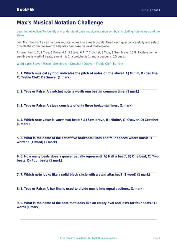 Music Notation Quiz for Grade 3 | Greater Depth | BookFlik worksheet preview — Music Notation