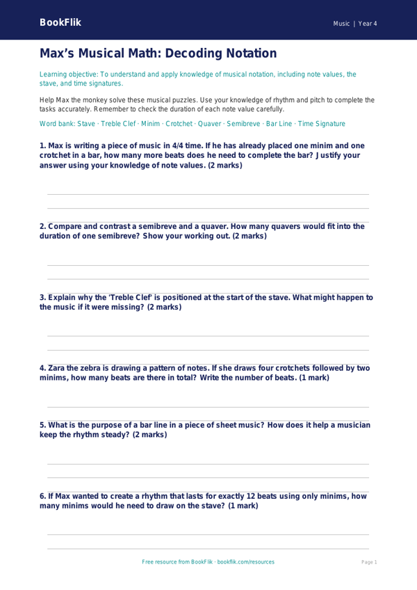 Free Music Notation Worksheet | Grade 3 | BookFlik worksheet preview โ Music Notation