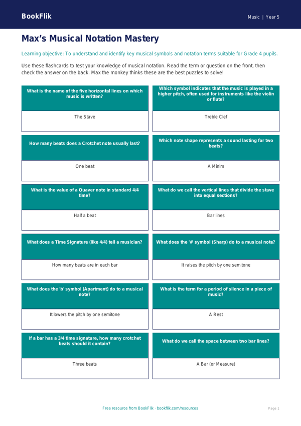 Music Notation Flashcards for Grade 4 | Free Printable | BookFlik worksheet preview — Music Notation
