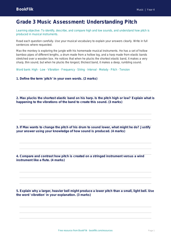 Free Pitch Assessment | Grade 3 | Music | BookFlik worksheet preview — Music Pitch