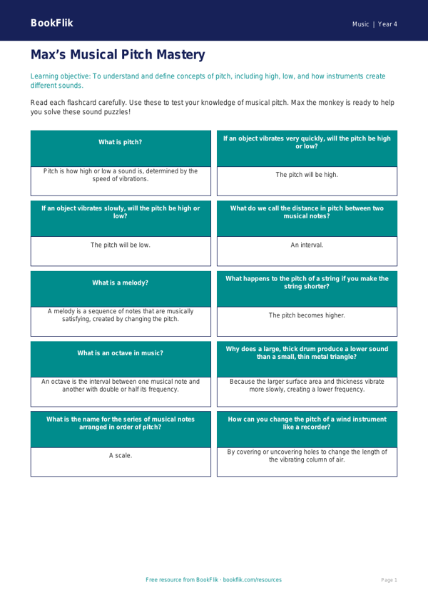 Free Pitch Flashcards | Grade 3 | Music | BookFlik worksheet preview — Music Pitch