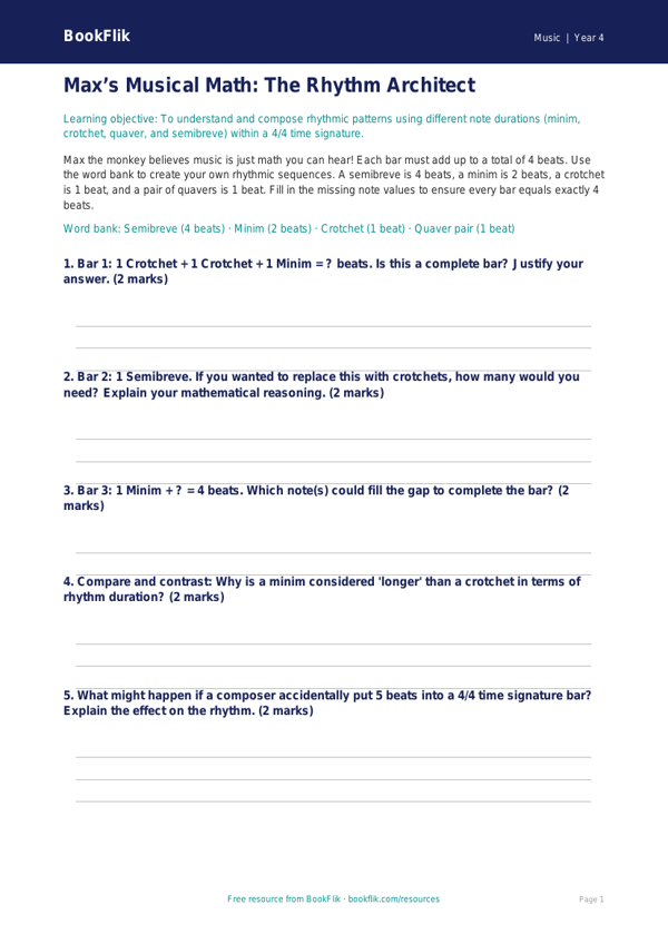 Free Rhythm Activity Sheet | Grade 3 | Music | BookFlik worksheet preview — Music Rhythm