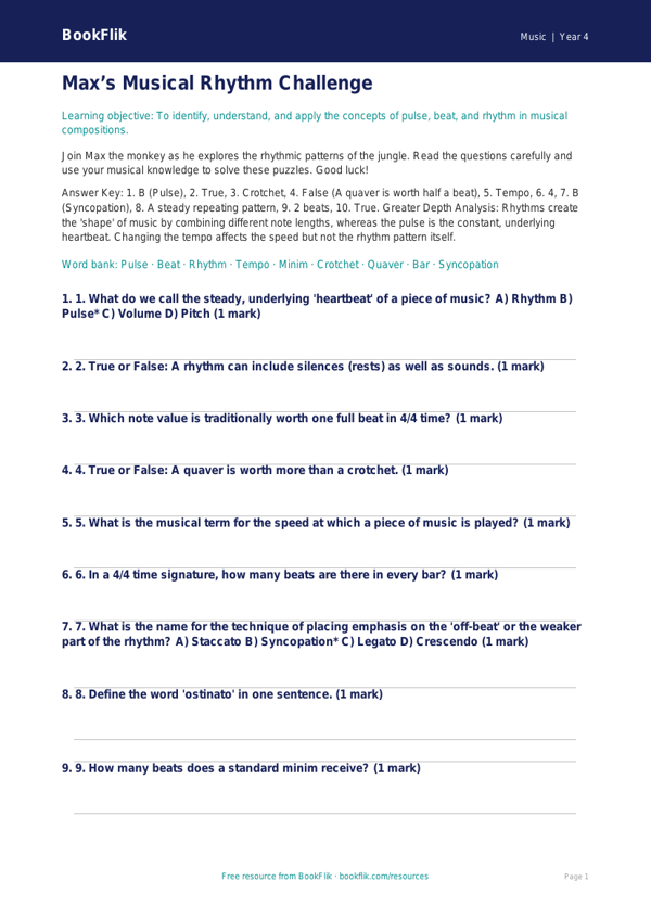 Free Rhythm Quiz | Grade 3 | Music | BookFlik worksheet preview — Music Rhythm