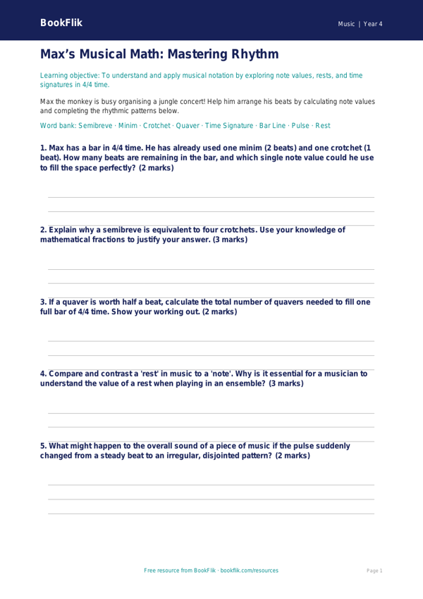 Free Rhythm Worksheet | Grade 3 | Music | BookFlik worksheet preview — Music Rhythm