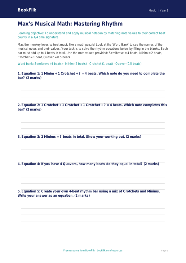 Free Rhythm Activity Sheet | Grade 4 | Music | BookFlik worksheet preview — Music Rhythm