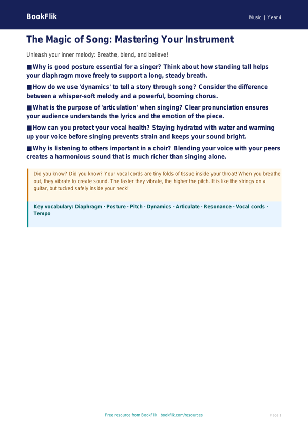 Free Singing Poster | Grade 3 | Music | BookFlik worksheet preview β Music Singing